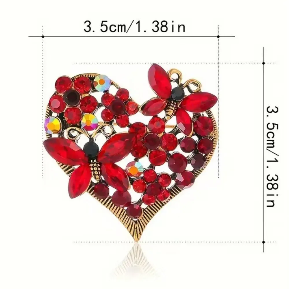 NWT Red Rhinestone Crystal Heart Butterfly Brooch Vintage Gold Tone Statement